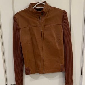 Women's Tan Leather Jacket with Knit Sleeves
